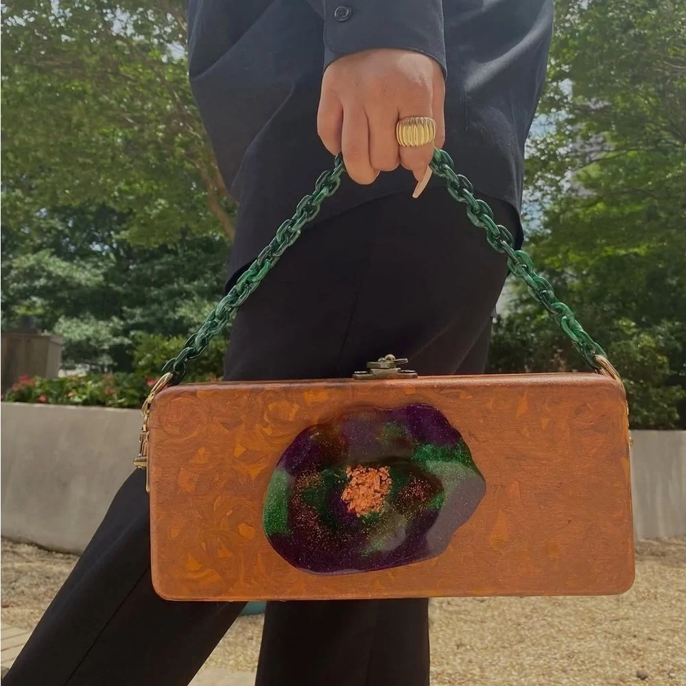 Unique Handcrafted Green and Purple Wooden Clutch